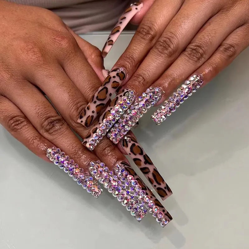 24 -stcs valse nagels lange ballet nep nagels met strass luipaard ontwerppers op nagels draagbare kist nagels manicure gereedschap