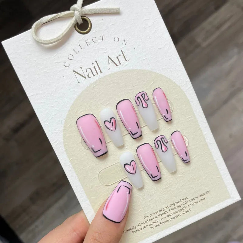 Handmade Y2k Press on Nails Heart Mattle Medium-length Cool Reusable Adhesive False Nails Artifical Acrylic Nail Tips Nail Art