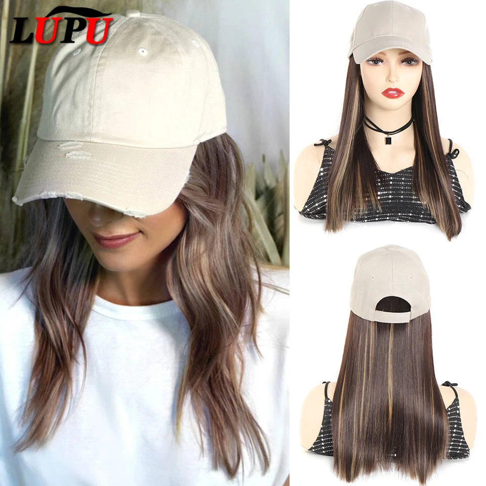 LUPU Synthetic Long Straight Hair Beige Baseball Wigs Cap With Hair Connect Baseball Cap Naturally Connect Adjustable For Women