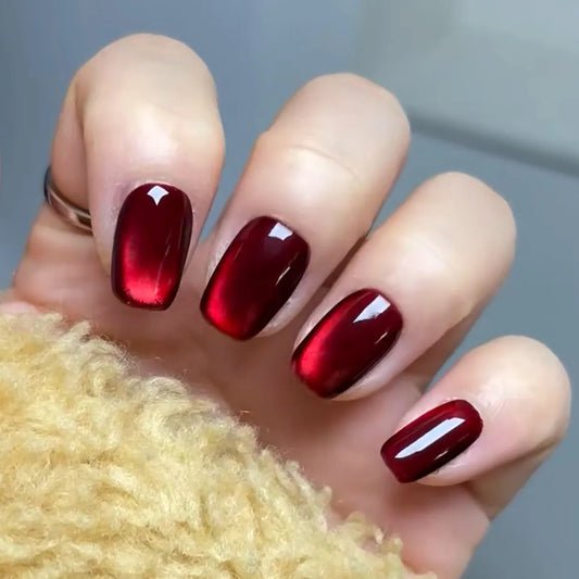 Vino rosso gatto e occhio y2k unghie finte con disegni glitter indossabili unghie false pressione su unghie quadrata a copertura artificiale per unghie artificiale