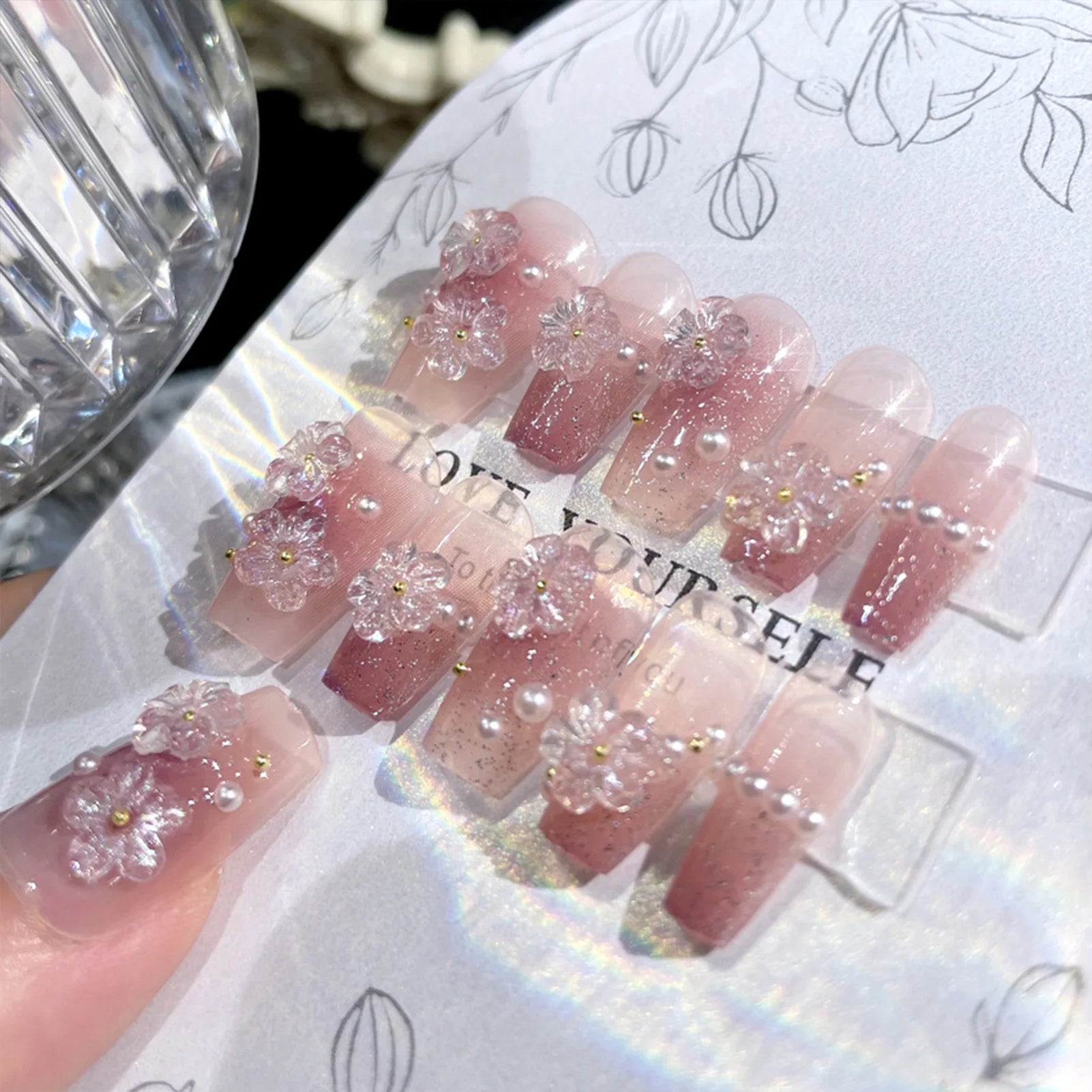 Falska naglar medellång längd 3D Flower Pearl Designs Naken Pink Color Press On Nails Ballerina False Nails For Women Diy Manicure
