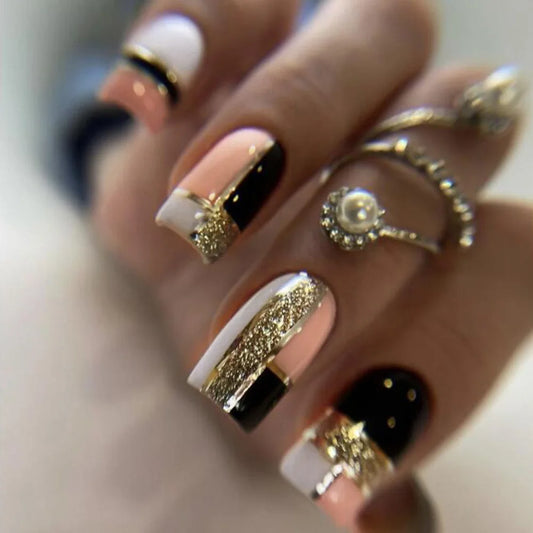 24pc carrés faux ongles français paillettes noir or faux ongles couvercle complet presse sur les ongles accessoires de ongles diy