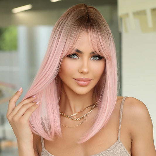 14" Soft Straight Pink Wig With Dark Roots  Synthetic Wigs With Bangs Female Bob Wigs For Women Daily Party Cosplay Use