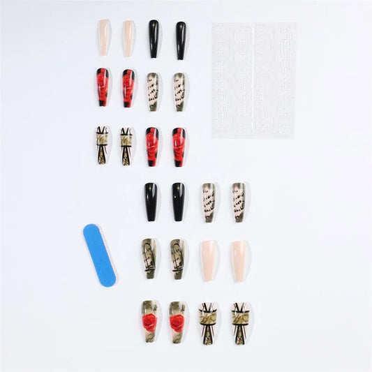 Cañas de bailarina de 24 piezas de larga duración Presiona en uñas falsas artificiales portátiles con diseños de patrón de rosas de pegamento consejos de manicura