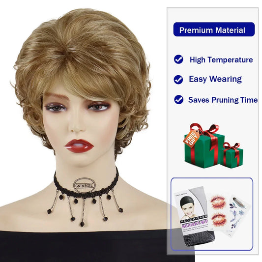 Synthetic Short Wigs for White Women Sandy Blonde Wig with Bangs Mix Brown Color Natural Curly Wig Hair Ombre Elderly Wig Mommy