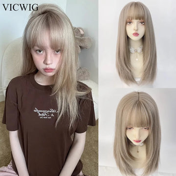 VICWIG Long Synthetic Straight Beige Grey Wigs with Bangs Women Lolita Cosplay Natural Hair Wig for Daily Party