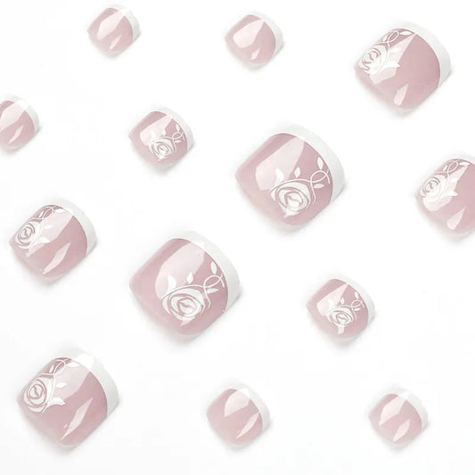 24st Fake Toe Nails For Girl White Flowers French False Nail Full Cover borttagbar akryl nagelklistermärken Tryck på naglar för fötter