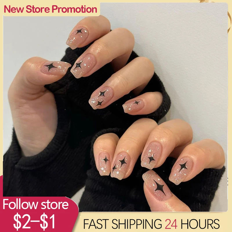 24pcs Fake French Nails Y2k Press On Long Stiletto Almond Shape Wearable False Nail With Stars Designs Full Cover Nail With Glue