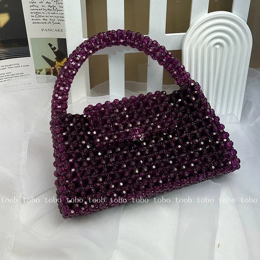 Designer Handmade Big Party Bag Transparent Crystal Stone Beaded Handle Purses Purplish Redluxury Handbags with Inner