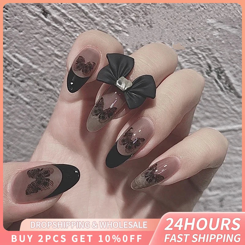 24pcs Black Butterfly Fake Nails Full Cover Almond Manicure Detachable Nail Supplies Y2k Style Professional Artifical False Nail
