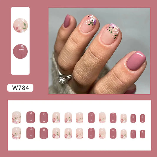 24st Pink Flower Short False Nails Simple With French Design Wearable Fake Nails Full Cover Nail Tips Färdiga Press On Nails