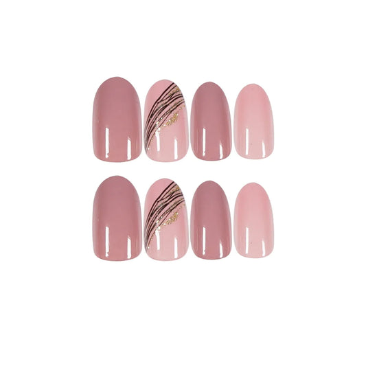 24Ps/Set Almond Slant Gold Line Lotus Pink Fake Nails Artificial Professional Material art False Nail Supplies For Professionals