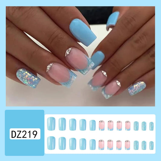 24Pcs Medium Square Press On Nails Blue French Style False Nails With Rhinestone Shiny Glossy Reusable Fake Nails For Women