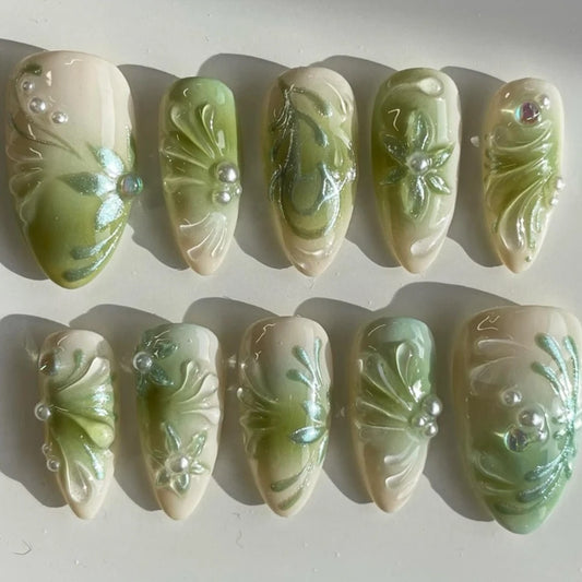 10Pcs Handmade Manicure Medium Almond Fake Nails 2024 New Green 3D Limited Press On Nails Design with Adhesive Nail File Set