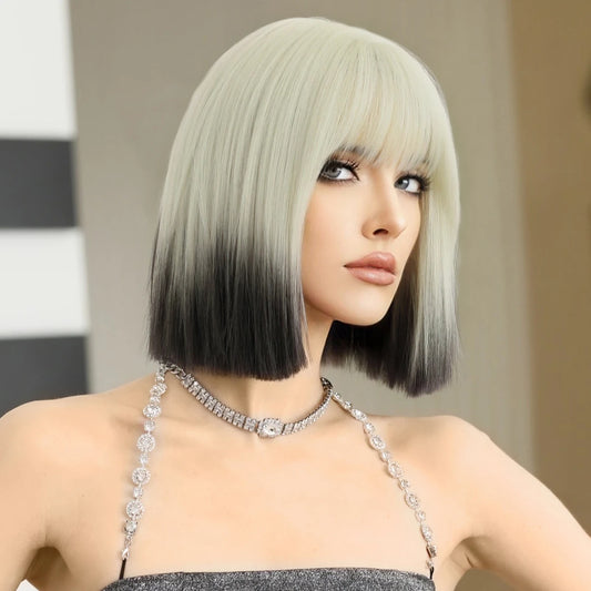 NAMM Short Beige Wigs With Bangs Natural Synthetic Hair Wig for Women Daily Cosplay Lolita Party Hair Tail Dyed Black Wig