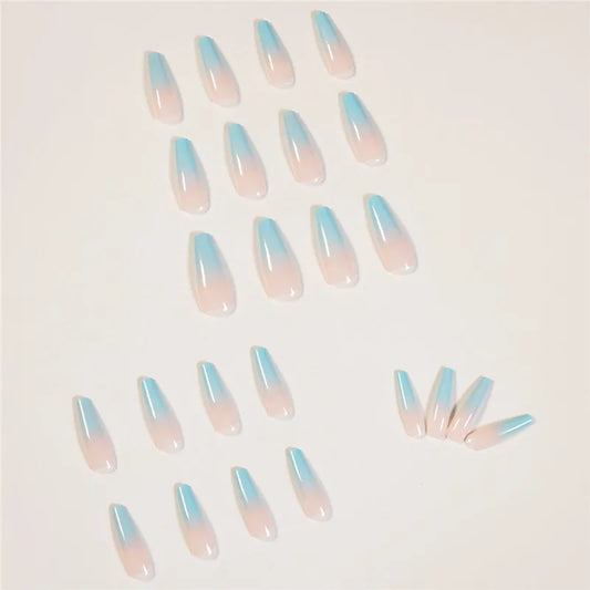 24Pcs Gradient Sky Blue Long Ballet French Nail Art Fake Nails Manicure Press On False Nails With Square Simple Design Reusable