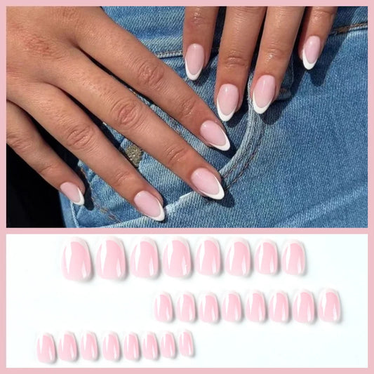 24P French Oval False Nails Girls White Edge Design Nude Color Wearable Press on Nail Full Cover Short Acrylic Almond Fake Nails