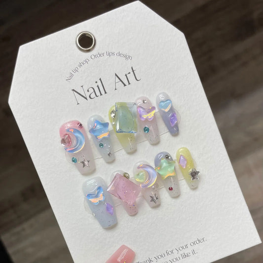 10Pcs Handmade Fake Nails with Rhinestone Glitter Pink False Nails Long Ballet Full Cover Nail Tips Wearable Press on Nails
