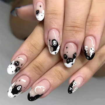 Halloween Press on Fake Nail Set Art Black French Tip Couvercle Full Cover Cercot en acrylique Broit Press-on Pression Faux Nails Conseils 24pcs