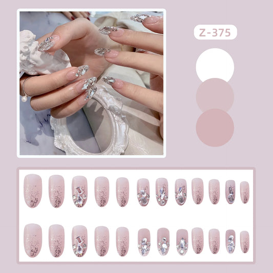 24 -stcs Nail Art Fake Nails Roze en Silver Glitter Glitter dragen herbruikbare valse nagels Lange ballerina Press op nail art set tips