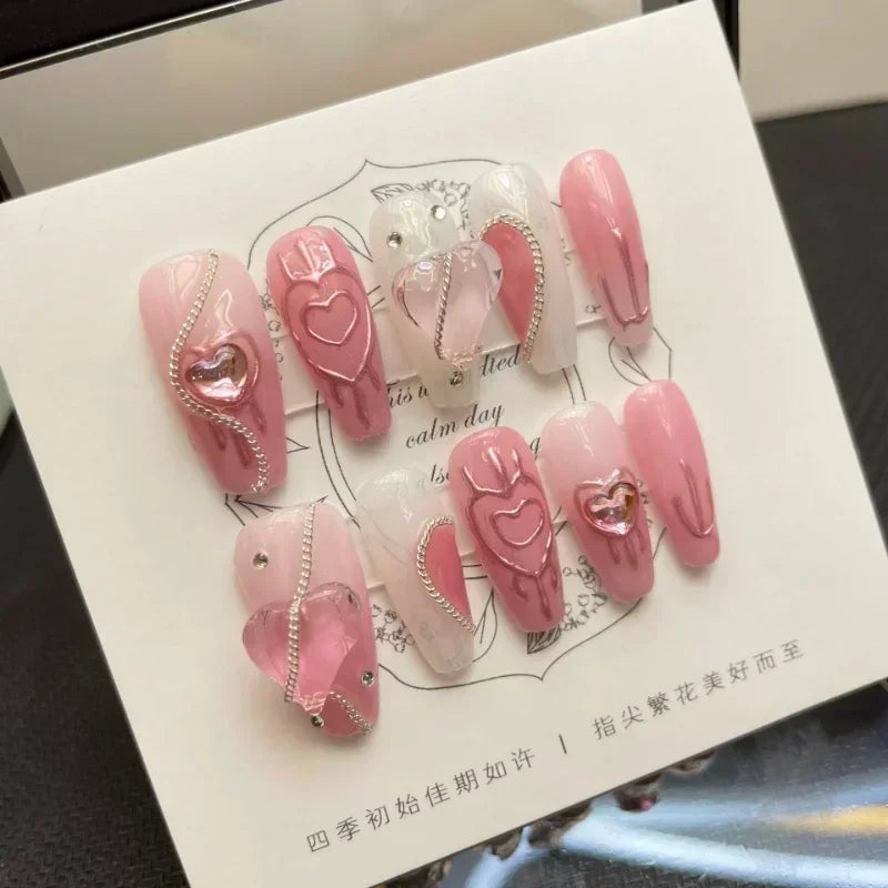 Nails Manicuree Heart False Nails Japanese Wearable Artificial With Designs Pink Handmade Nails Press On Full Cover Professional