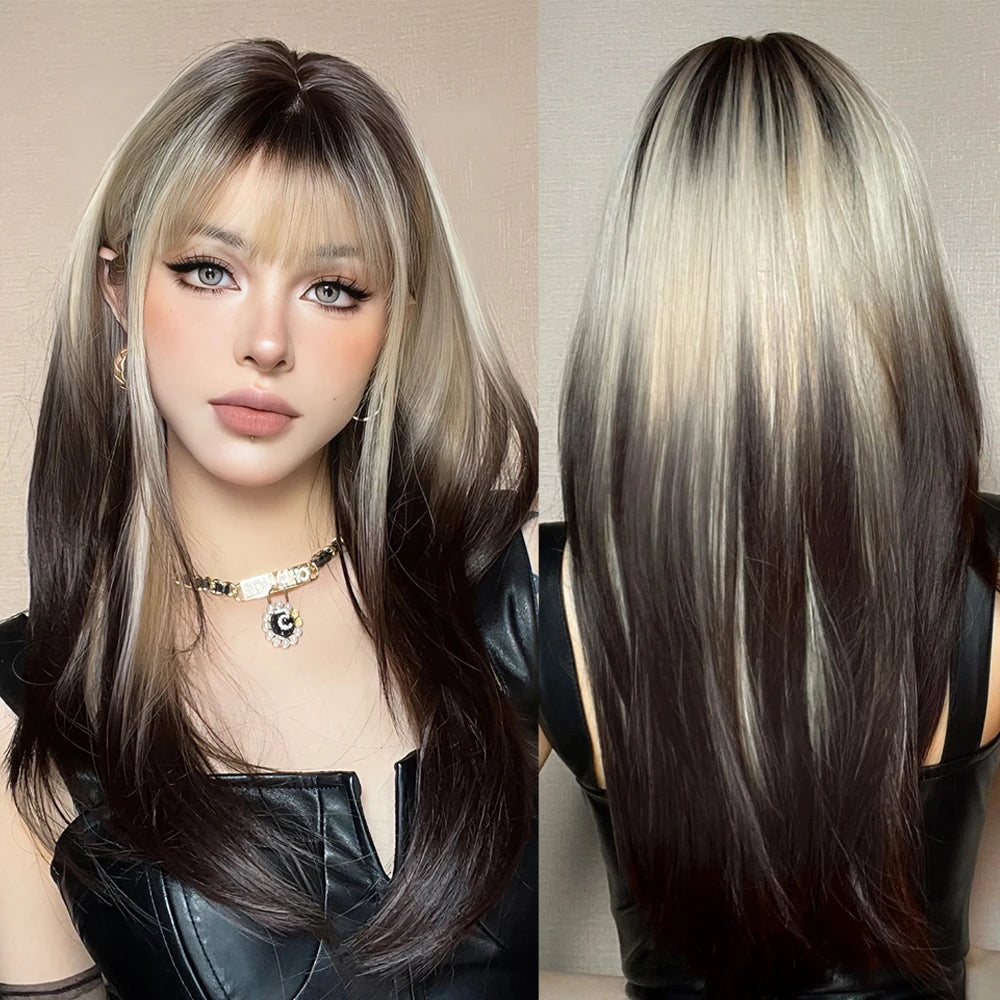 Ombre Synthetic Straight Cosplay Wigs Platinum Blonde to Black Hair Long Layered Natural Wigs with Bangs for White Women Daily