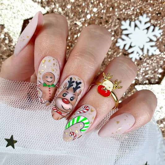 24pcs Christmas  Fake Nails Almond French Nail Press on Nails Waterproof Faux Fingernails