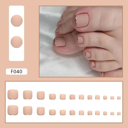 24pcs False Toe Nail French Gold Nude Color Matte Fake Toenail Patch Wearable Full Cover for Girl Women Press on Foot Nail Tips