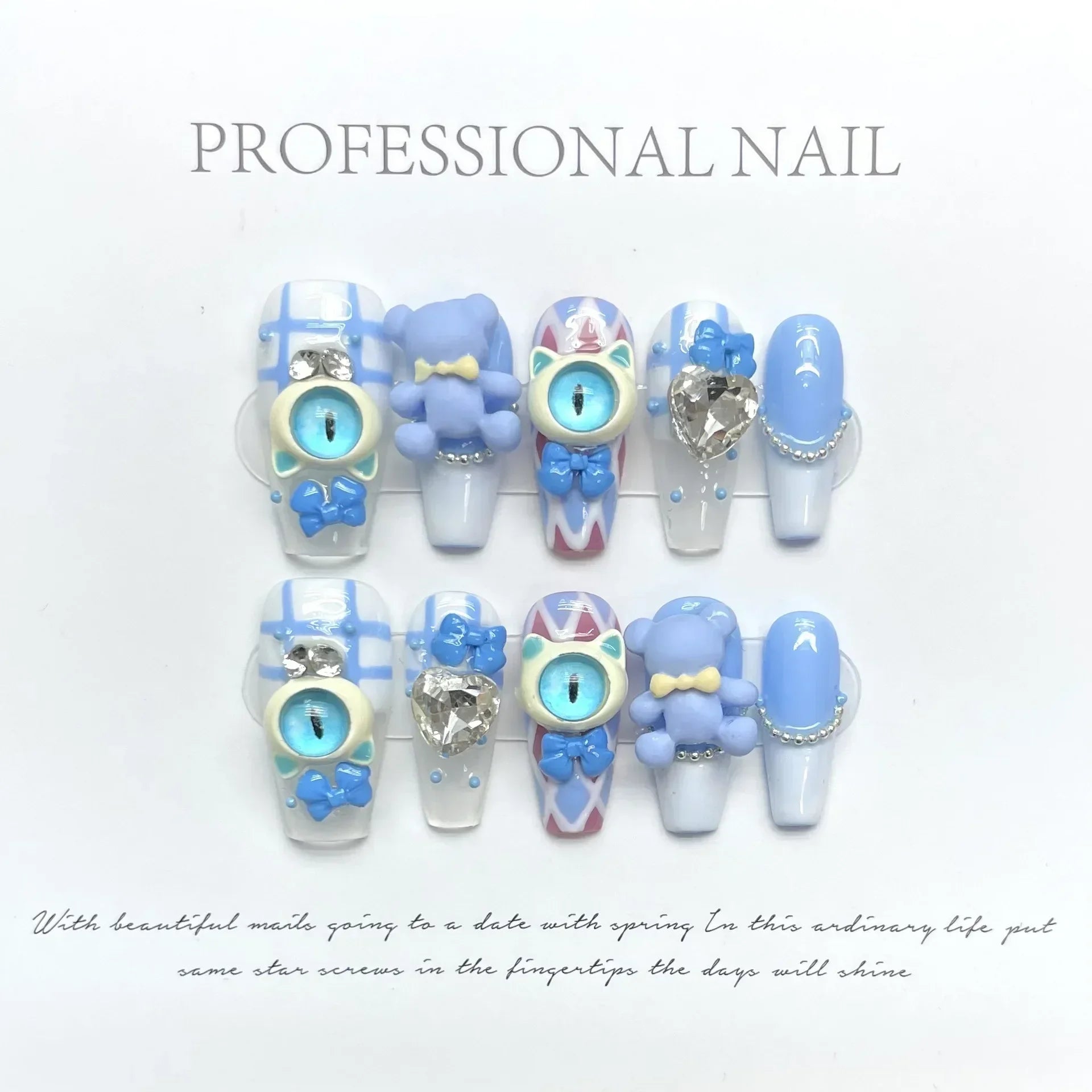 10Pcs Handmade Press On Nails with Eye Little Monster Design Wearable Manicure False Nails Decoration Full Cover Nail Tips Art