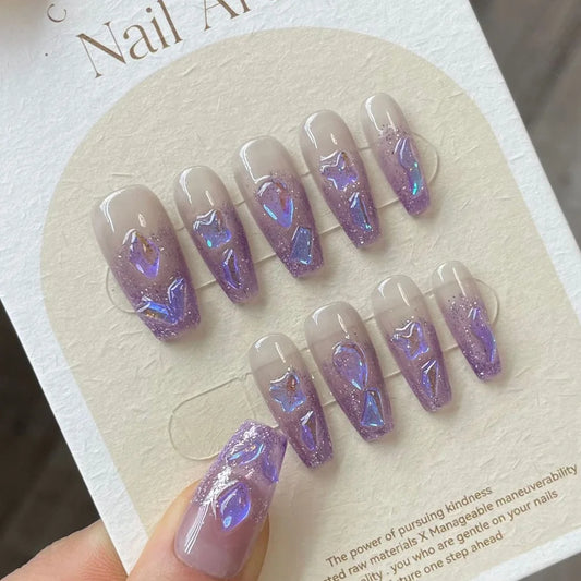 Handmade Royalty Purple Short Press on Nails with Rhinestone Reusable Korean Fake Nail with Glue Artifical Acrylic Nail Manicure
