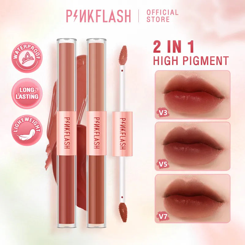 PINKFLASH 2 In 1 Dual-head Velvet Liquid Lipstick Long-lasting Matte Lip Gloss High Pigment Lightweight Liptint Makeup Cosmetics