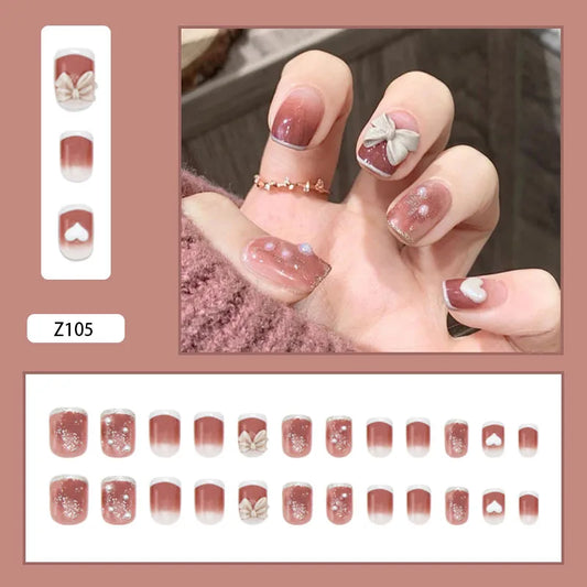 24pcs Square Shape Fake Nails Glossy Press On Nails With Butterfly Pearl Love Decoration White Edge Full Cover Design For Women