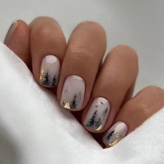 24PCS beautiful marbling false nails with design short size artificial press on fingernails for woman short square False Nails