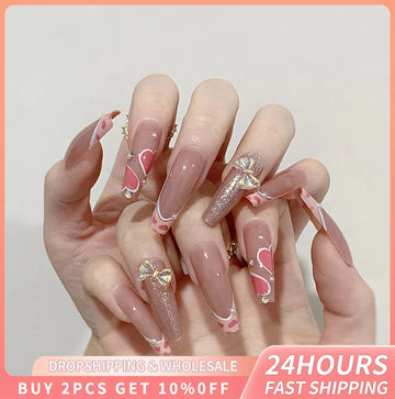 24pcs Sparkling Butterfly Fake Nails Square Head Wearable Nails Supplies Y2k Styles False Nails Ballet Love Heart Press On Nails