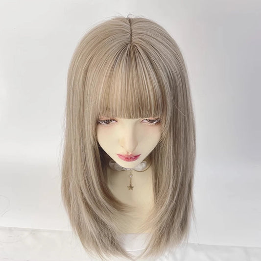 VICWIG Long Synthetic Straight Beige Grey Wigs with Bangs Women Lolita Cosplay Natural Hair Wig for Daily Party