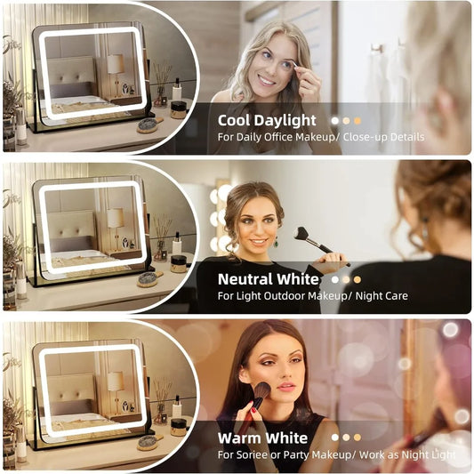 Makeup Vanity Mirror with Lights, Light Up Mirror with Dimmable 3-Color Led, Magnification, Memory Function, Black, 22"Lx19"H