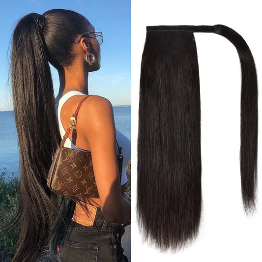Straight  Human Hair  Wrap Around Ponytail  Natural Color Remy Hair  Clip in Ponytail Extension for Women
