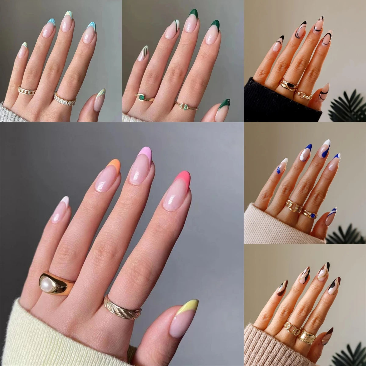 24Pcs/Lot Oval Almond Fake Nails Collection Full Cover Acrylic Press on Nails Art Removable Reusable Wearing False Nails Tips