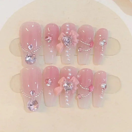 10pcs removeable ballet press on acrylic nails full cover gradient pink false nails with 3D charms handmade stick on nails long