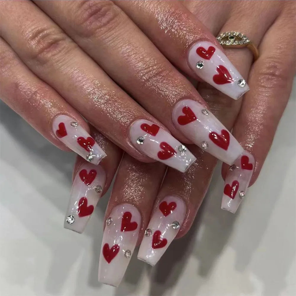 24pcs Press on Nails Valentine's Day False Nails Red Love Heart Pattern Fake Nail Coffin Artificial Nail Tips Long Ballet nails