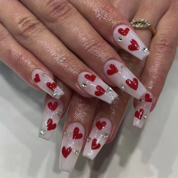 24pcs Press on Nails Valentine's Day False Nails Red Love Heart Pattern Fake Nail Coffin Artificial Nail Tips Long Ballet nails