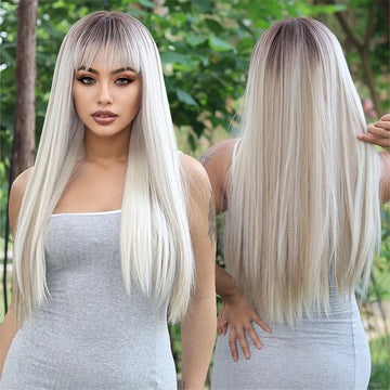 oneNonly Long Blonde Wig for Women Natural Wig with Bangs Synthetic Wigs High Quality Women Party Straight Hair