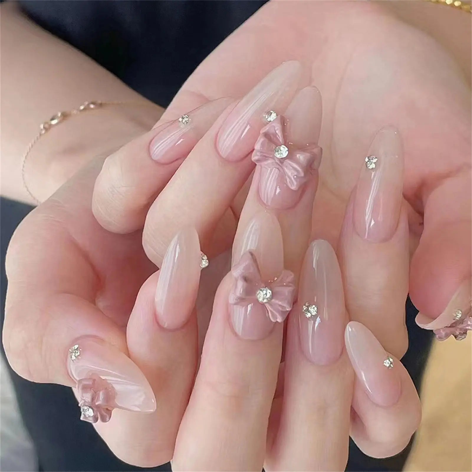 30pcs Sweet Pink Bowknot False Nails Pointed Head Fake Nails Simple Gradient Nude Color Lady Girl Manicure Patch Press on nails