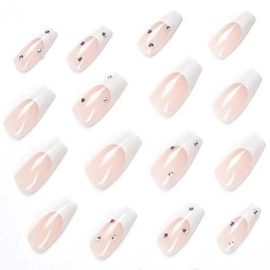 24Ps/Set Square White French With Rhinestones Artificial Handmade Ballerina Fake Nails Manicure Press on Nail Seamless Removable