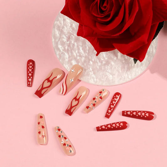 24 piezas/caja larga T Día de San Valentín hecho a mano Amor de la llama francesa con uñas falsas de gel de uñas falsas de diamantes