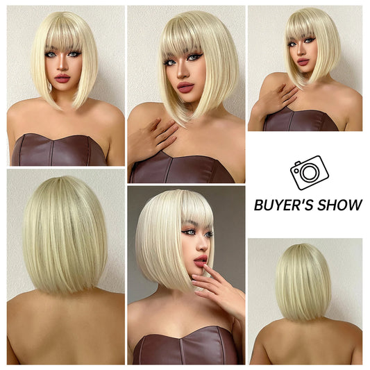 Short Straight Bob Wigs for White Women Beige Light Golden Natural Hair Synthetic Wigs With Bangs Daily Cosplay Heat Resistant
