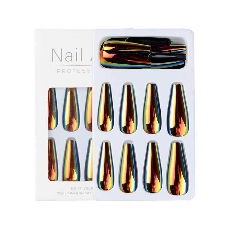 24Pcs/Box Ballerina Press on Nails Tips False Nail Art Full Cover Detachable Artificial Fake Nails Metal Mirror Powder Design