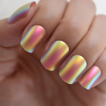 Short Matte Metallic Press On Nails Holographic Multi Color Shiny Squavol False Nails Fake Nails Art Fingernails Manicure Tips