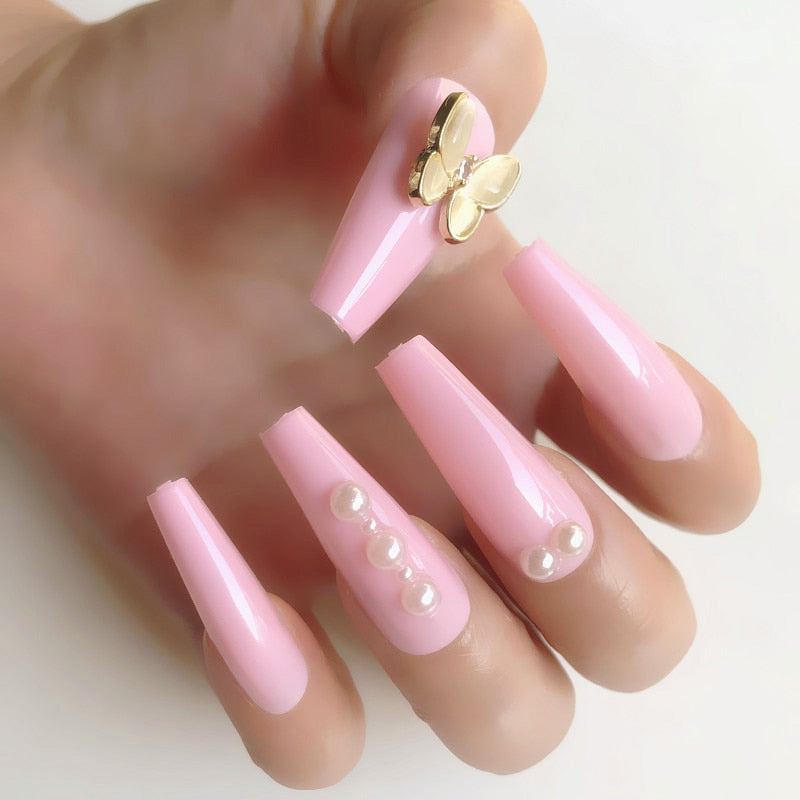 24 Pcs Pink False Nail Tips Women Wearable Fake Press on Nails With Pearl Diamond Full Cover Artificial Nails Custom Made