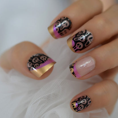 Nude Clear Halloween Fake Nails Short Round With Design Skull Print Pattern gel Acrylic Artificial False Nails Press On Tips